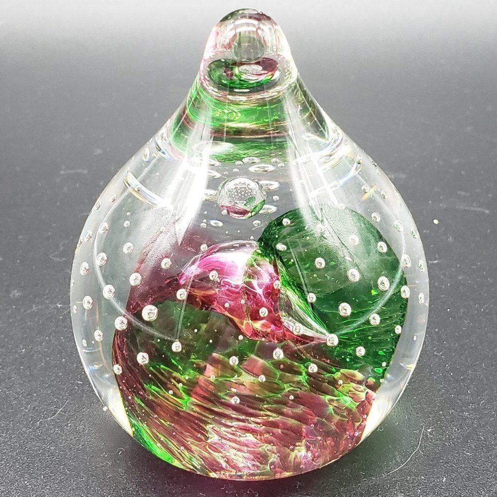 Caithness Scotland Green Amethyst Bubbled Teardrop Art Glass Paperweight